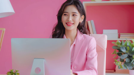 Portrait smile beautiful business asian woman in pink suit working in office desk virtual computer.の素材
