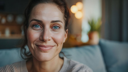 Active beautiful middle aged woman smiling friendly and looking in camera in living room. Woman's face closeup.の素材