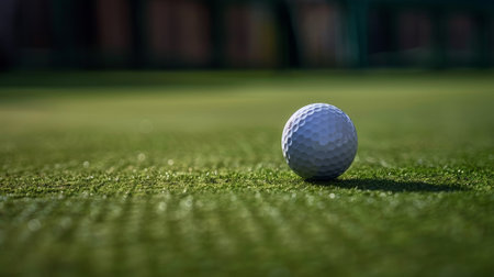 Golf ball behind driver at driving range, plenty of copy-space and very shallow depth of field.の素材