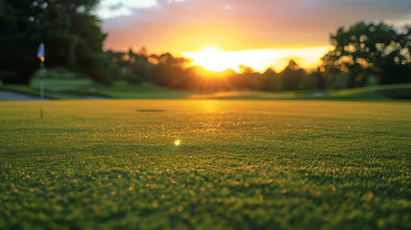 A long putt on the green as sunset closes inの素材
