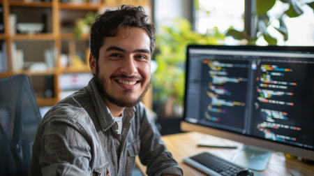 Smiling young programmer staring straight at camera while sitting at his deskの素材
