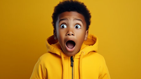 Wow. Studio shot of emotional adorable African American little boy raising eyebrows and covering open mouth with hand being surprised and shocked, showing true astonished reaction on unexpected newsの素材