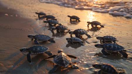 Just born turtles instinctively go towards the sea to find a safe place that allows them to surviveの素材