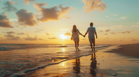 Back rear view young happy couple two friends family man woman in white shirt clothes hold hands walk stroll together at sunrise over sea beach ocean outdoor exotic seaside in summer day eveningの素材