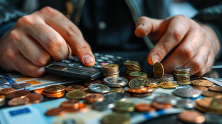 Businessman holding euro cents coins dollar bills on table with pile of coins and banks calculator,の素材