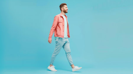 Turned full length body size photo of cheerful positive handsome man walking looking at people at beach isolated pastel color blue backgroundの素材