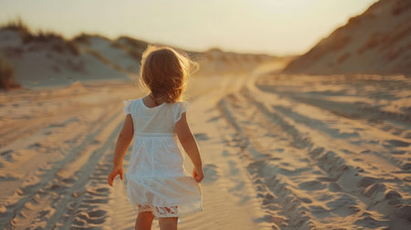 The little girl goes on board road among sandの素材