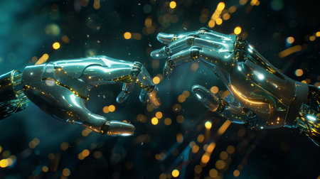 Hands of Robot and Human Touching. Virtual Reality or Artificial Technology Concept Illustrationの素材