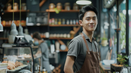 Young Asian man with small business owner at restuarant, startup SME with woman working concept,の素材