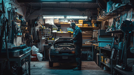 Car mechanic in garageの素材