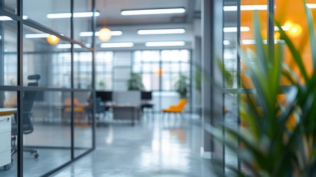 Beautiful blurred background of a modern office interior in gray tones with panoramic windows,の素材
