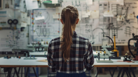 Back view of woman engineer looking at project sketchの素材