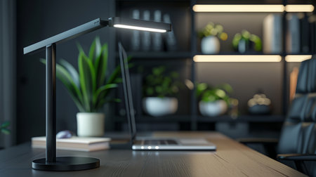 close up image, Modern stylish dark workspace tabletop with table lamp, decor and copy space for display your product mockup over blurred modern dark office background.の素材