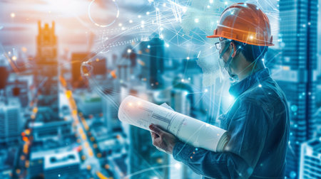 Engineer holding blueprints and safety helmet with icon of construction process on blue city background,の素材
