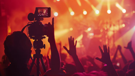 silhouette of cameraman operator shooting a live rock concert, fans around raised handsの素材