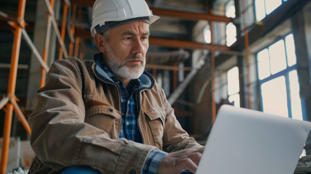 Mature architect working on laptop in construction areaの素材