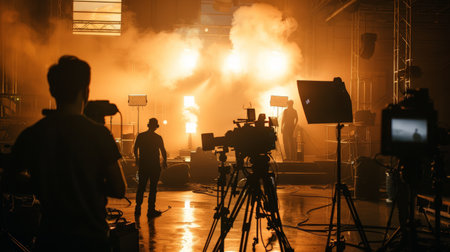 Video production behind the scenes which film crew team in silhouette shooting or recording tv movie commercial with professional equipment such as high definitionの素材