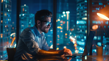 Businessman working in office at nightの素材