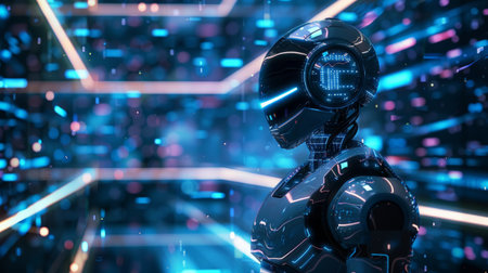 Digital metaverse smart world technology concept, humanoid robot in abstract futuristic cyber space,の素材