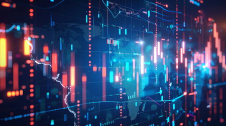 Trading market concept with financial graphs, glowing lines and diagram on digital screen at world map background.の素材