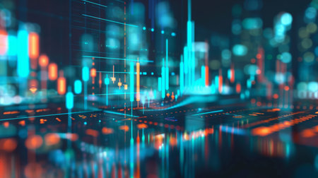 Stock graph and financial chart. Analyze stock market finance volume of stock market with Graph and chart holograph technology.の素材
