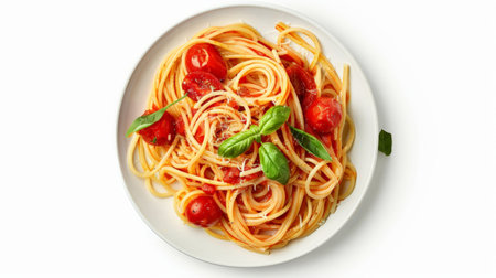 plate of pasta with tomato sauce isolated on white background, top viewの素材