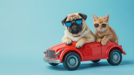 Funny pug dog and cat with sunglasses in toy car on light blue backgroundの素材
