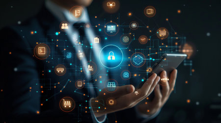Digital transformation technology strategy, IoT, internet of things. Businessman using smart phone with AI and Digital Icons on dark background.の素材