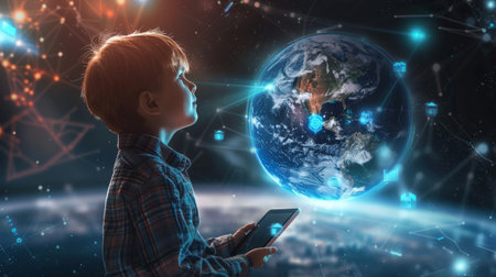 Child boy with tablet in hands, look up at earth sphere hologram with glowing icons. Virtual reality connection hud hologram, nft and online games.の素材