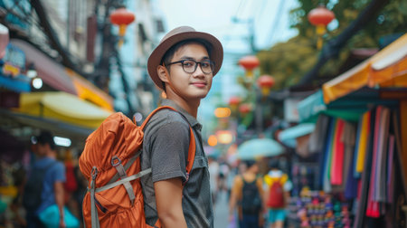 Young Asian traveling backpacker in Khaosan Road outdoor marketの素材
