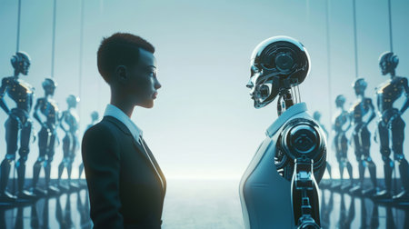 Futuristic business team of AI and Human Concept of human vs AI or cooperation.の素材