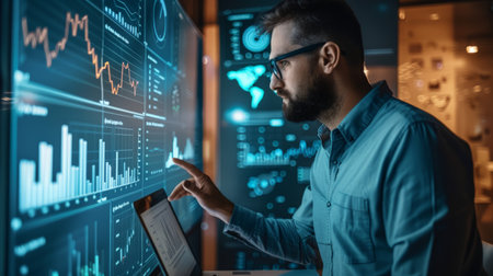 Caucasian Male Business Analyst With Laptop Computer Standing Next To Big Digital Screen With Graphs And Charts. Successful Man Assessing Risks And Developing Strategies For Company Growth,の素材