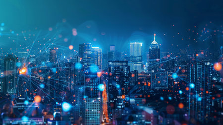 Smart city and digital transformation. Cityscape, telecommunication and communication network concept.の素材