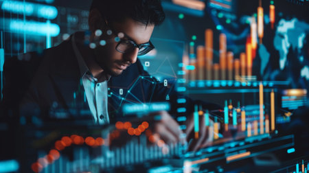 Businessman analyst working with digital finance business data graph showing technology of investment strategy for perceptive financial business decision.の素材