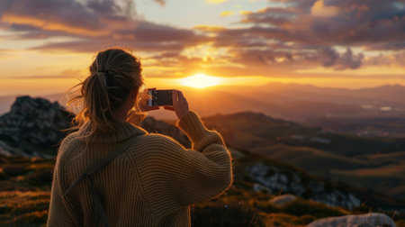Anonymous female traveler in casual sweater taking picture of amazing landscape with mountains and sunset sky on smartphone during vacation in Almatretの素材
