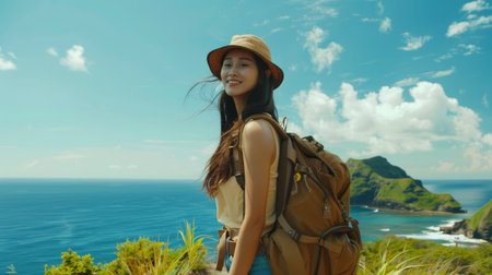 Young beautiful Asian woman with backpack solo travel on tropical island mountain peak in summer sunny day.の素材