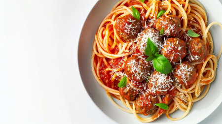 Spaghetti with meatballs, parmesan and tomato sauce on a plate. Tasty Italian pasta food. Top view shot above isolated on white background.の素材