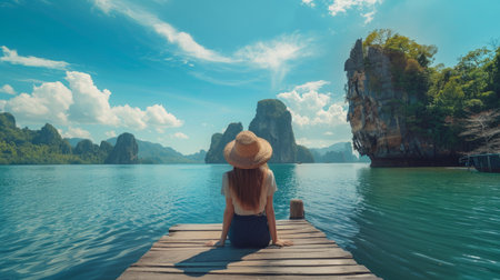 Traveler woman joy relaxing on wood bridge in beautiful destination islandの素材
