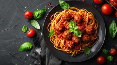 spaghetti with meatball and tomato sauce, top viewの素材