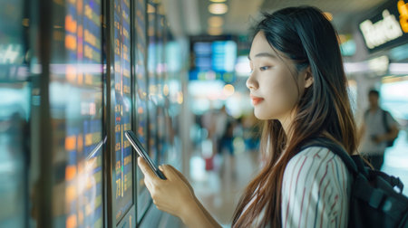 Young asian woman in international airport, using mobile smartphone and checking flight at the flight information boardの素材