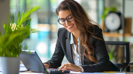 Happy businesswoman wearing suit working using a calculator in a desk at officeの素材
