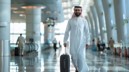 Portrait of young middle eastern man walking in airport terminal with luggage, smiling arab guy carrying suitcase while going to boarding gate, enjoying air travels and business trips, copy spaceの素材