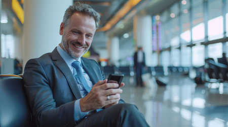 Airport Terminal Flight Wait: Smiling Businessman Uses Smartphone for e Business, Browsing Internet with an App.の素材