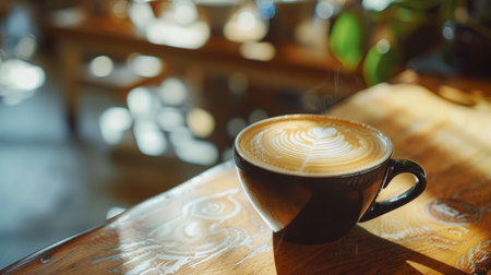 Selective focus cup of hot latte art coffee on wooden table,focus at white foamの素材
