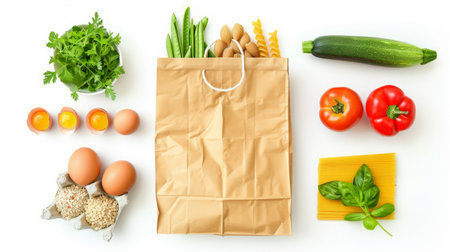 Paper grocery bag with vegetables, pasta, eggs and cheese top view isolated on white backgroundの素材