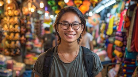 Young Asian traveling backpacker in Khaosan Road outdoor marketの素材