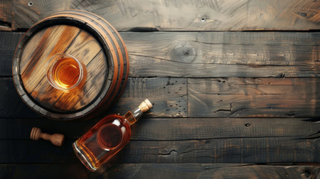 Scotch whiskey bottle, glass and old wooden barrel. With copy space. Top view flat layの素材
