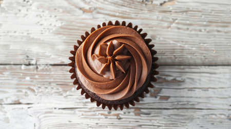 chocolate cupcake with chocolate butter cream swirl on white wooden background,の素材