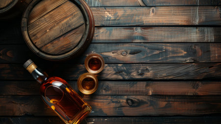 Scotch whiskey bottle, glass and old wooden barrel. With copy space. Top view flat layの素材