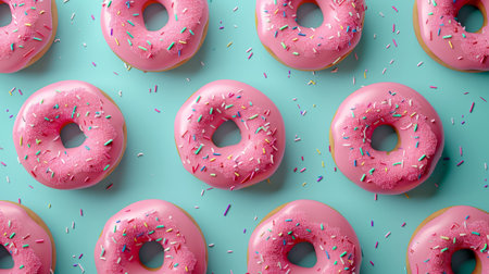 Delicious pink glazed doughnuts with sprinkles on turquoise background. View from above.の素材